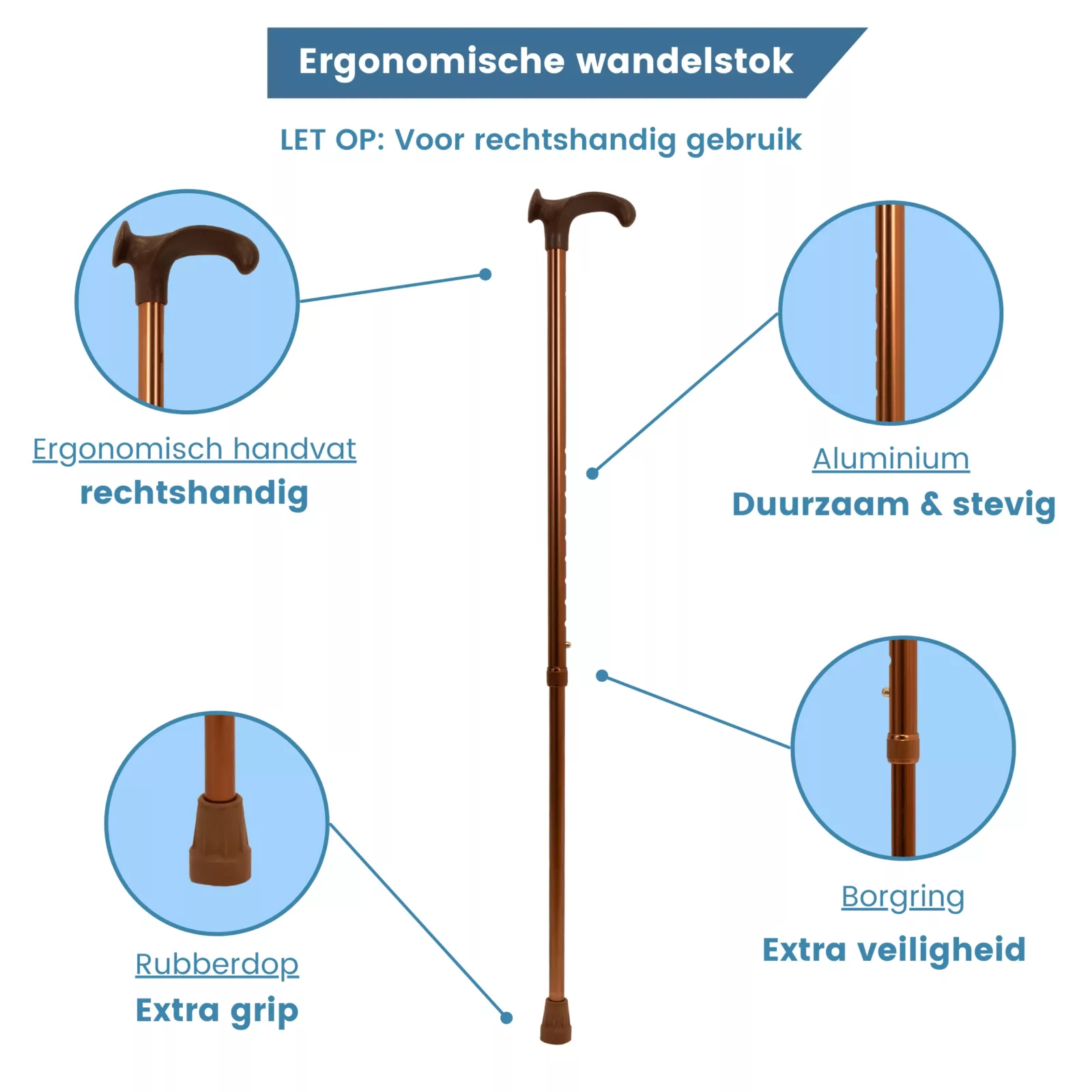 Canne de marche réglable et ergonomique avec poignée pour droitier – caractéristiques