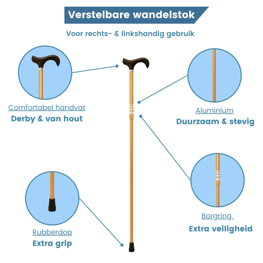 Dimensions de la canne de marche réglable dorée
