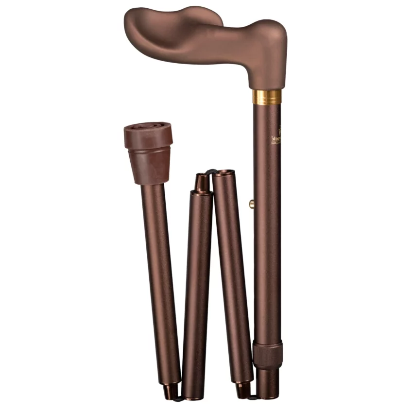 canne de marche ergonomique pliable, couleur bronze, revêtement « soft touch », poignée à gauche