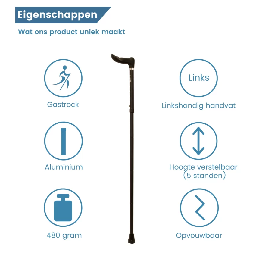 Canne de marche ergonomique pliable, noire, toucher doux – caractéristiques