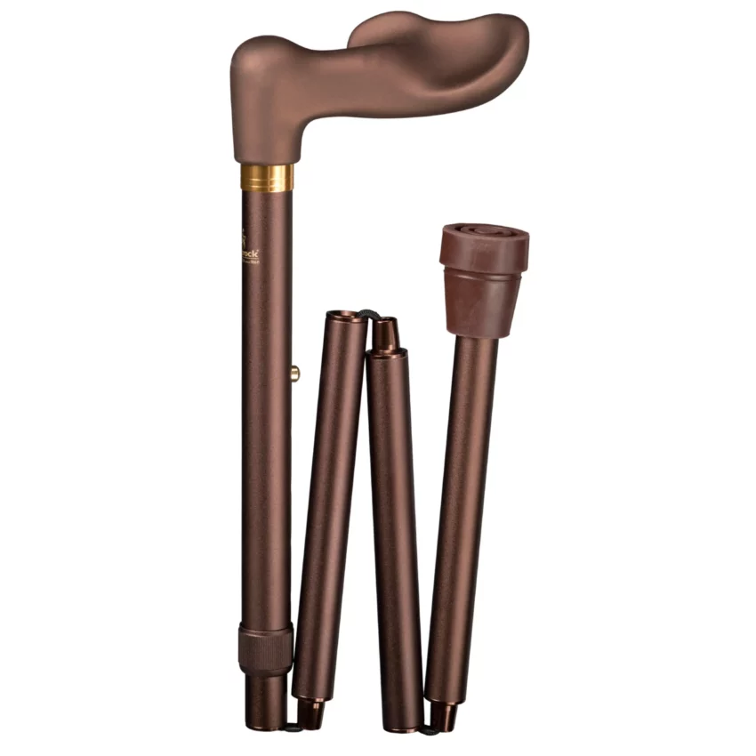 Canne de marche ergonomique pliable, couleur bronze, finition « soft touch », pour droitier