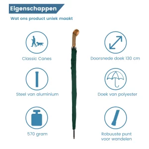 Parapluie de golf Elite, poignée rustique à bouton, vert – caractéristiques