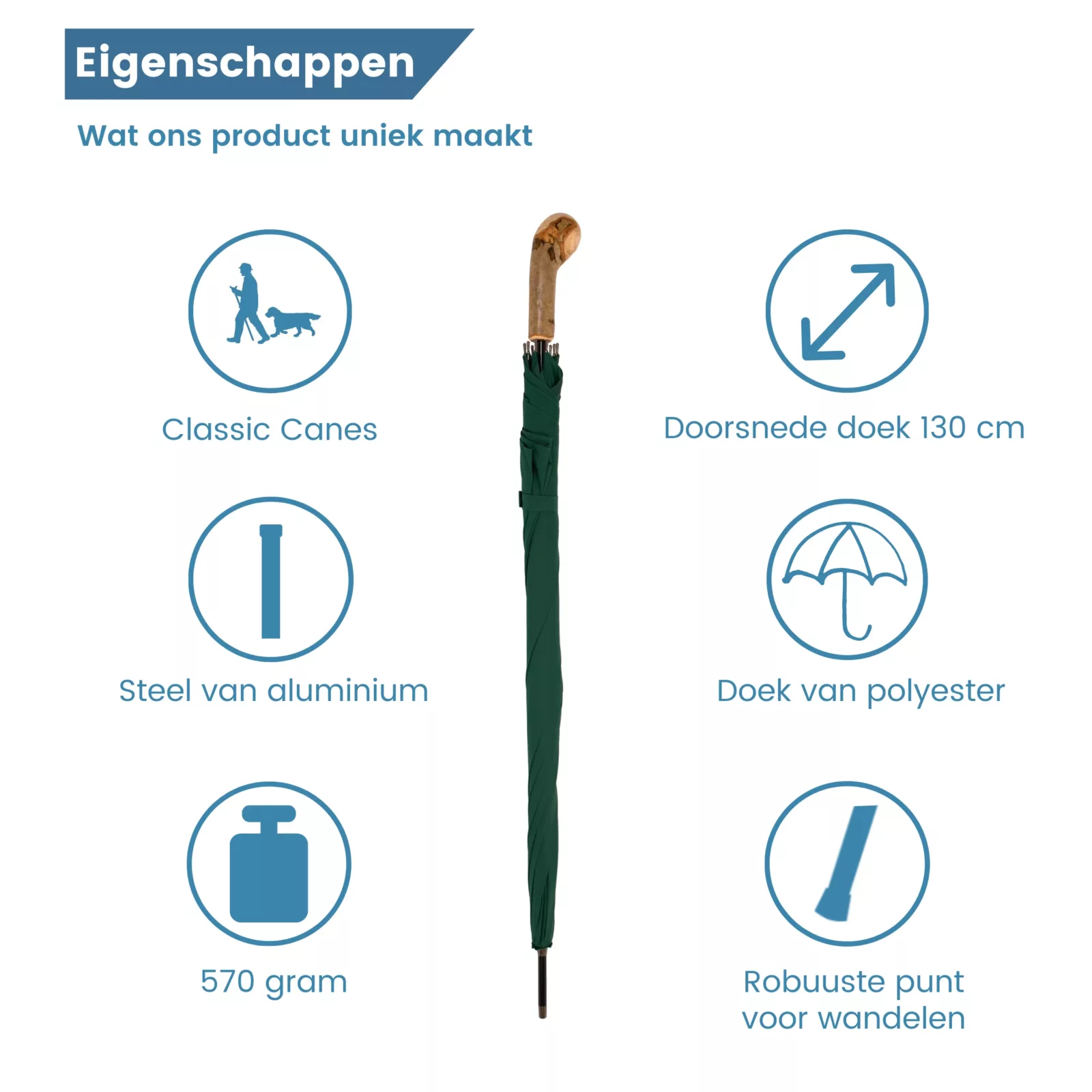 Parapluie de golf Elite, poignée rustique à bouton, vert – caractéristiques