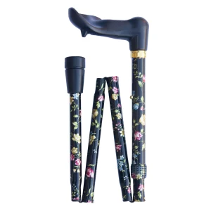 canne de marche pliable, poignée ergonomique noire avec motifs floraux, pour gauchers
