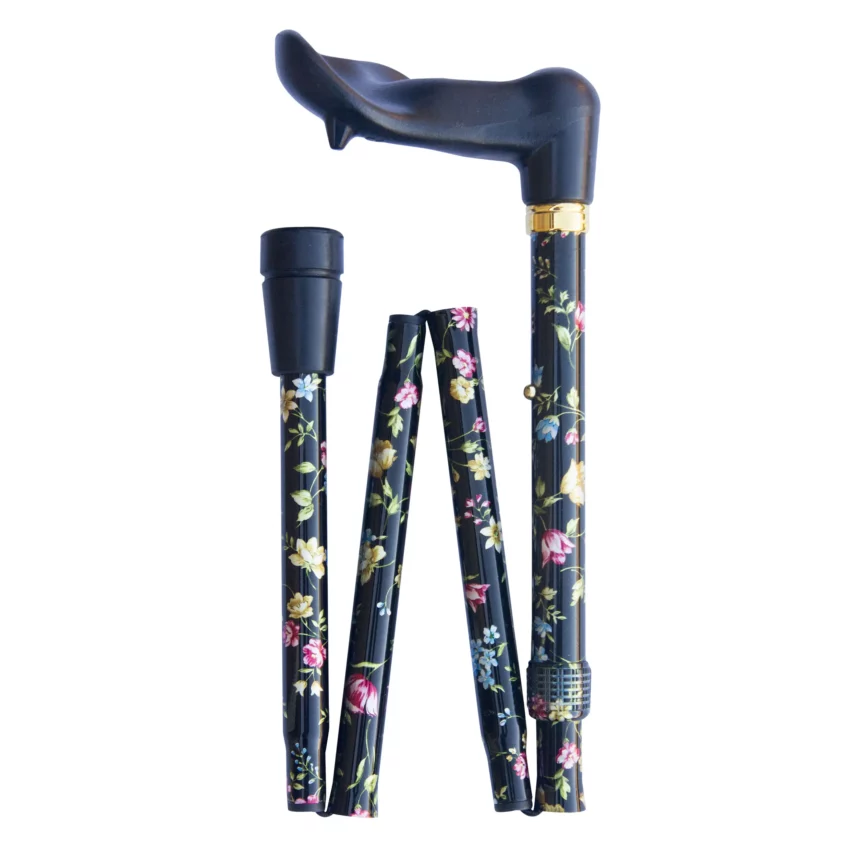 canne de marche pliable, poignée ergonomique noire avec motifs floraux, pour gauchers