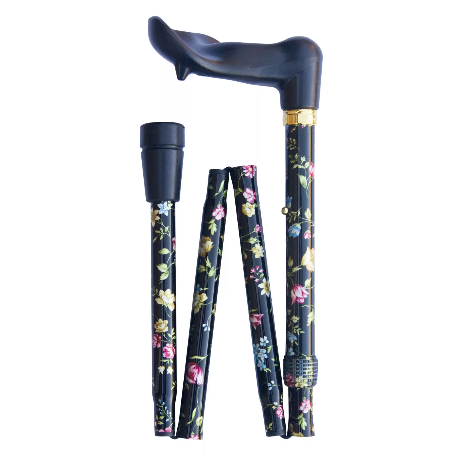 canne de marche pliable, poignée ergonomique noire avec motifs floraux, pour gauchers