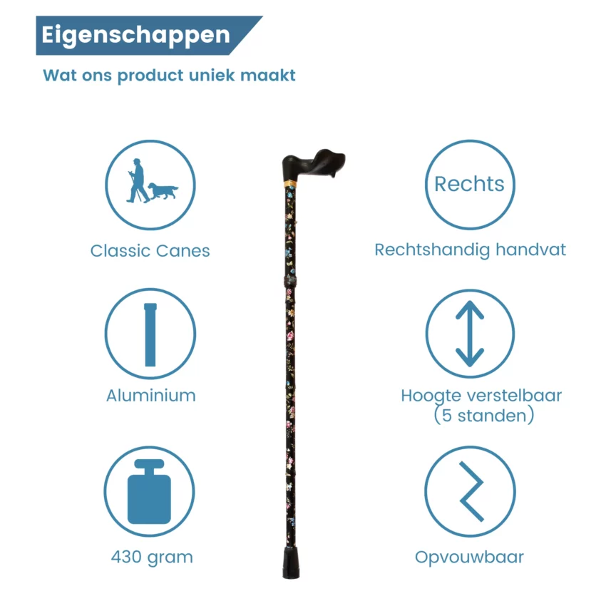 Canne de marche pliable ergonomique noire avec motif floral à droite – caractéristiques