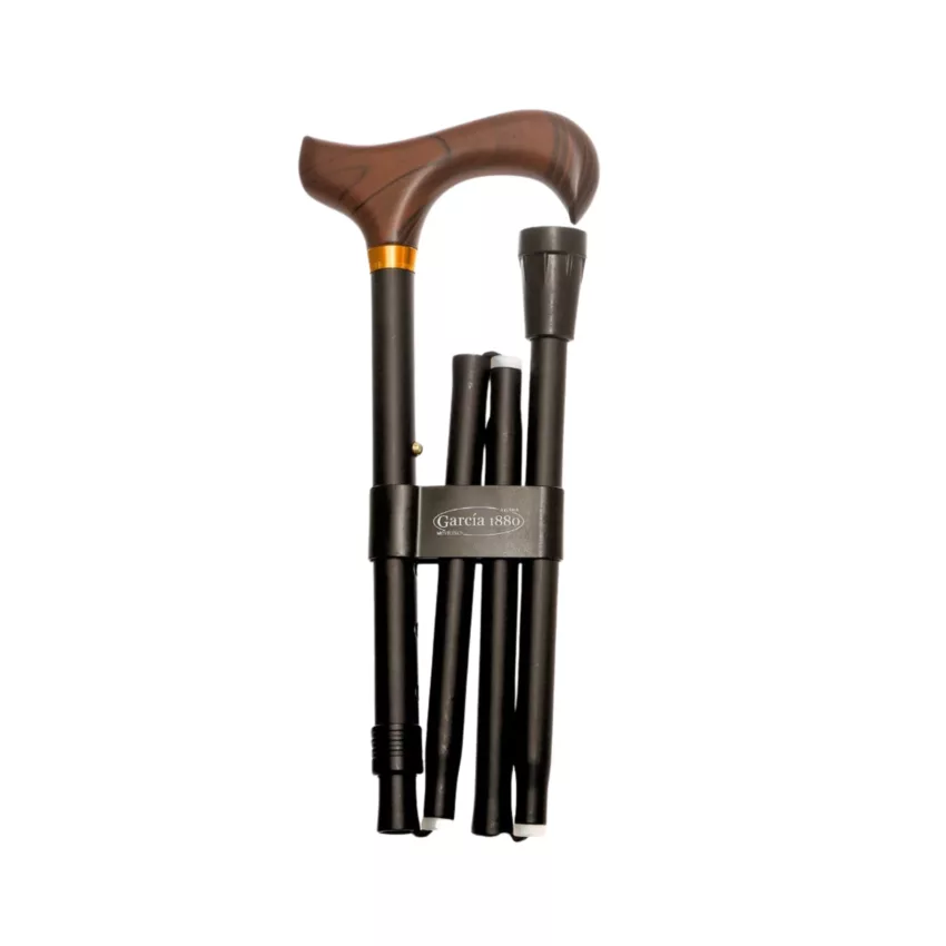 canne de marche pliable, poignée en bois noire, repliée