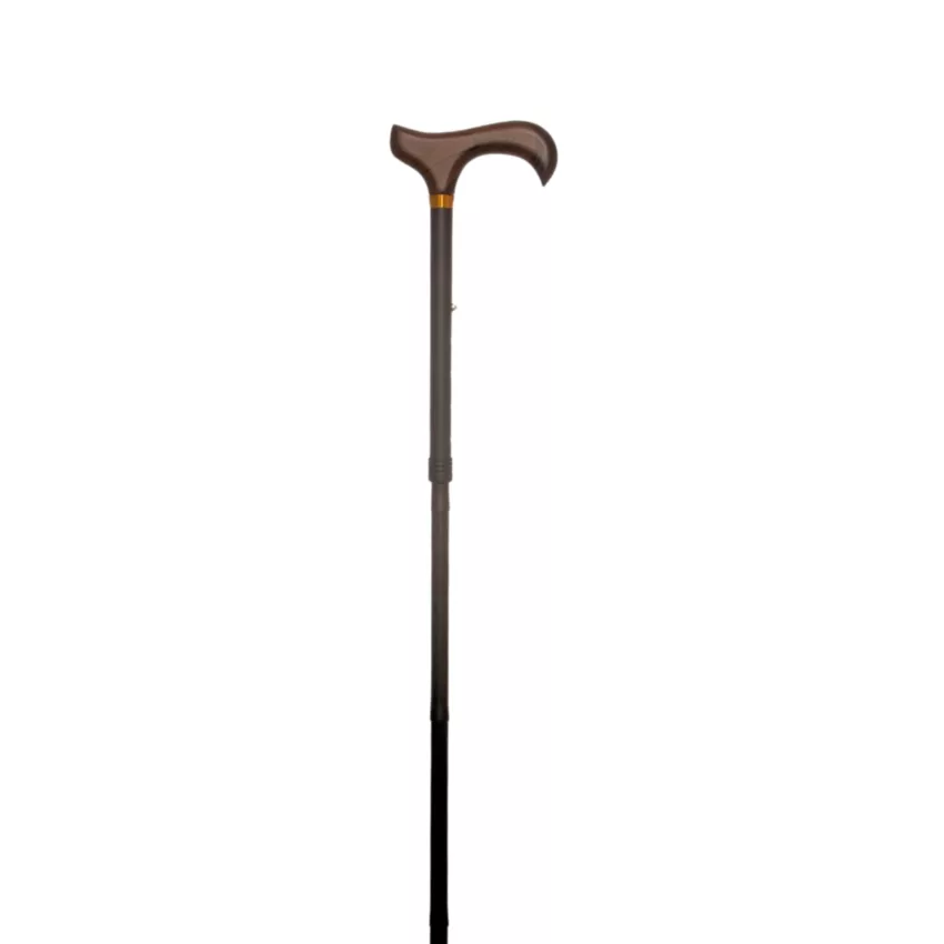 canne de marche pliable, noire, manche en bois, dépliée