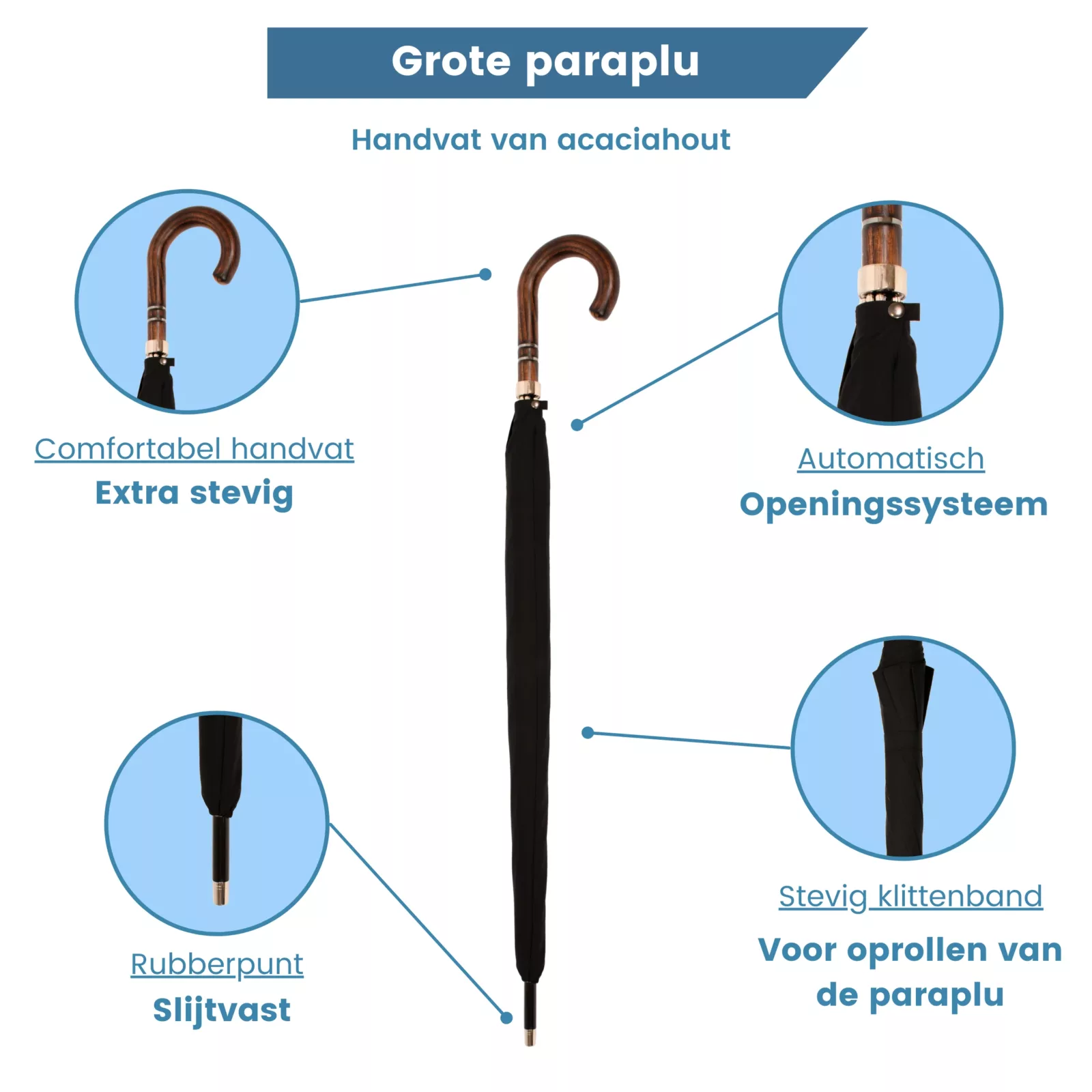 Parapluie en bois d’acacia, poignée de 110 cm de diamètre, USP