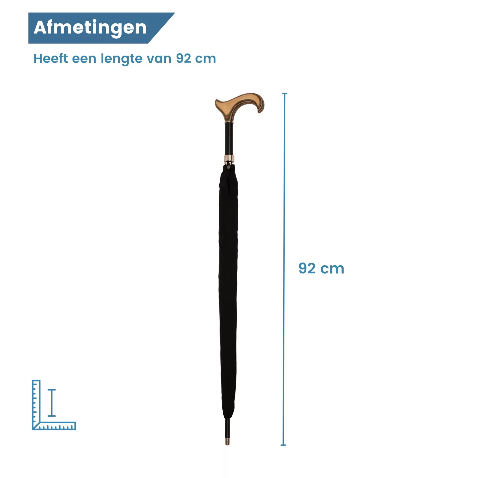 Parapluie canne de 92 cm de long, noire, poignée Derby, dimensions