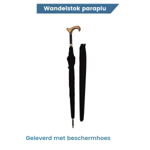 Parapluie canne de 92 cm de long, noire, poignée Derby, housse de protection