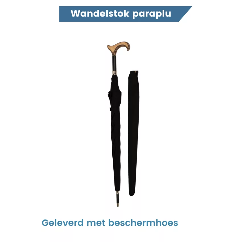 Parapluie canne de 92 cm de long, noire, poignée Derby, housse de protection