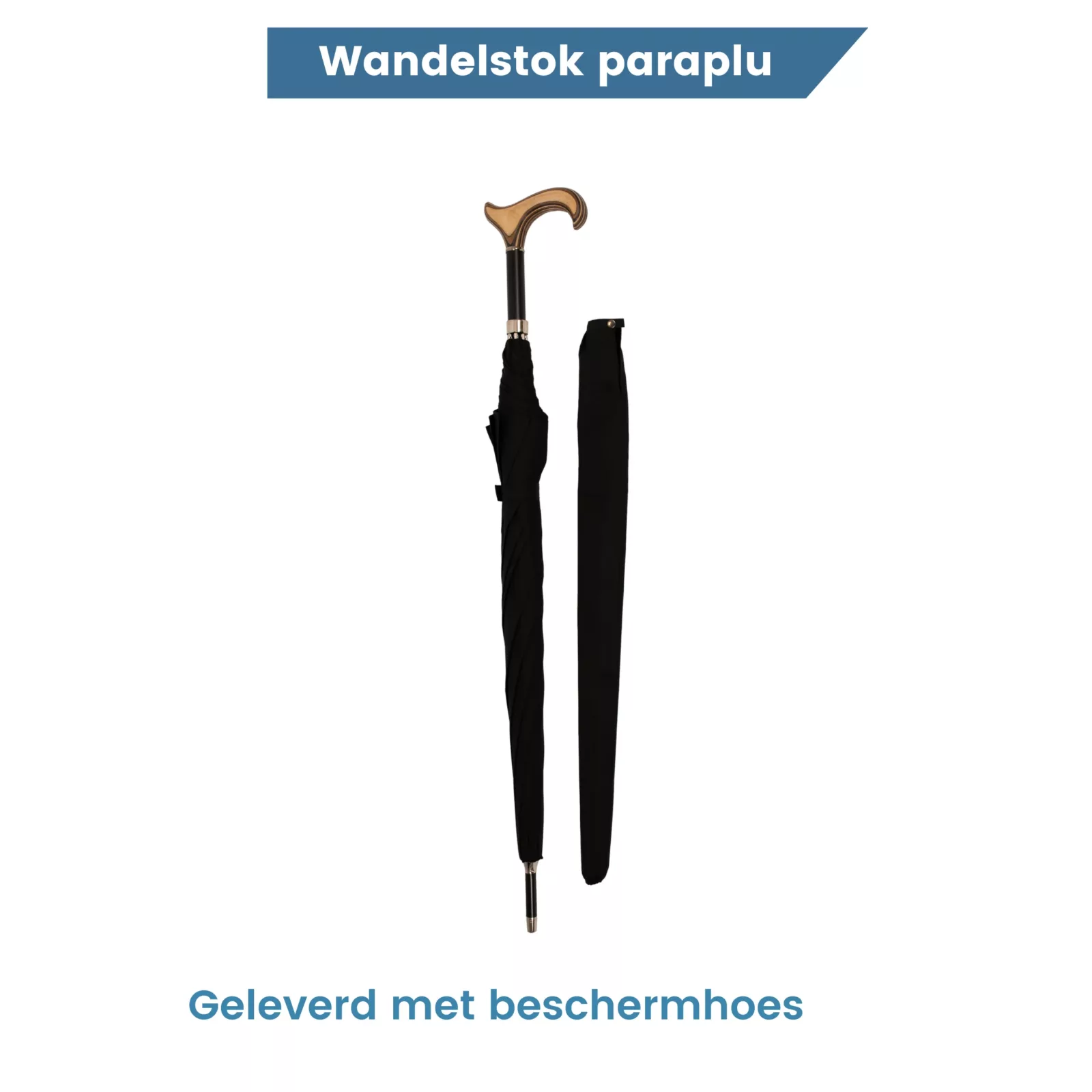 Parapluie canne de 92 cm de long, noire, poignée Derby, housse de protection
