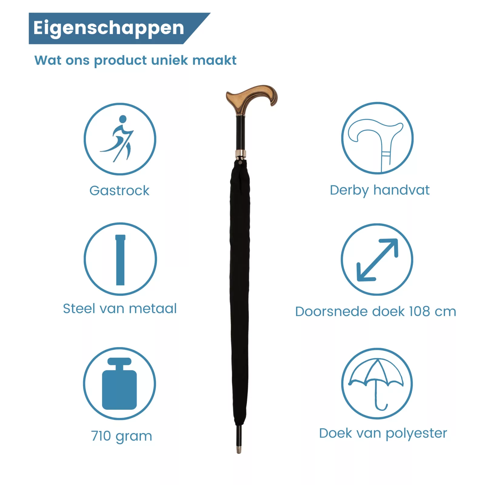 Parapluie canne de 92 cm de long, noire, poignée Derby – caractéristiques