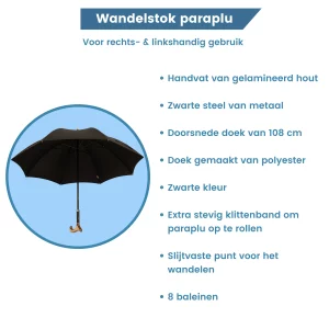 Parapluie canne de 92 cm de long, noire, poignée Derby – caractéristiques
