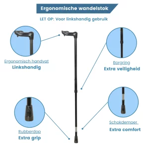 Caractéristiques de la canne de marche ergonomique pour gaucher avec amortisseur de chocs