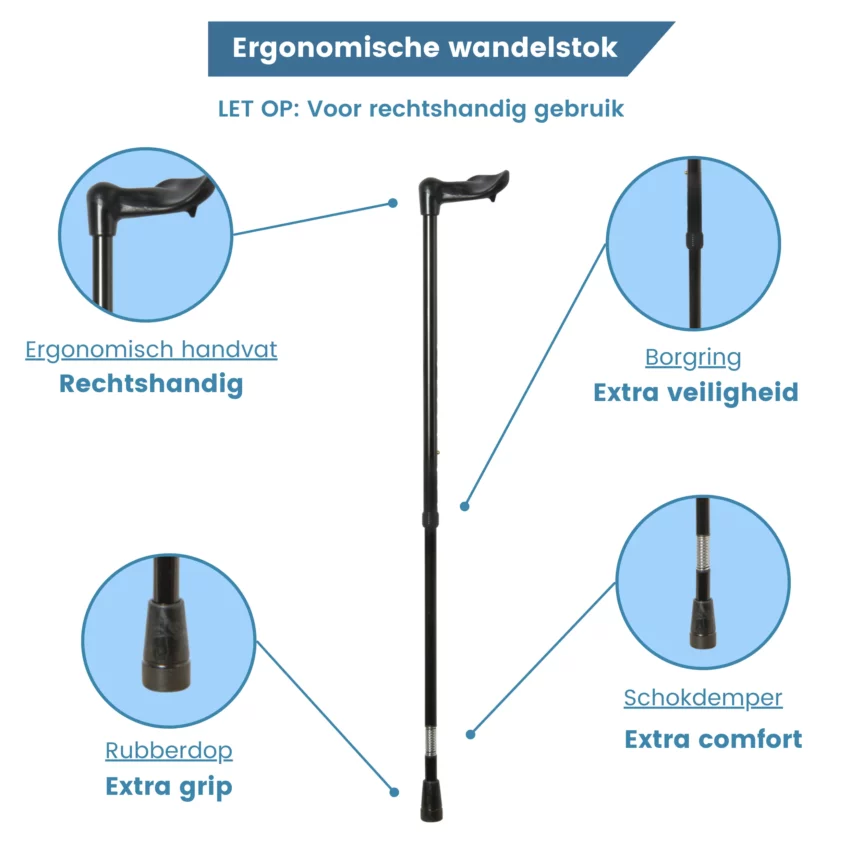 Canne de marche ergonomique réglable, noire, avec amortisseur de chocs et poignée à droite