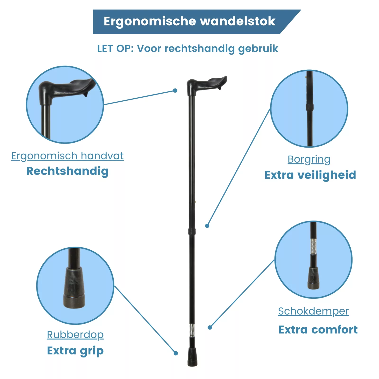 Canne de marche ergonomique réglable, noire, avec amortisseur de chocs et poignée à droite