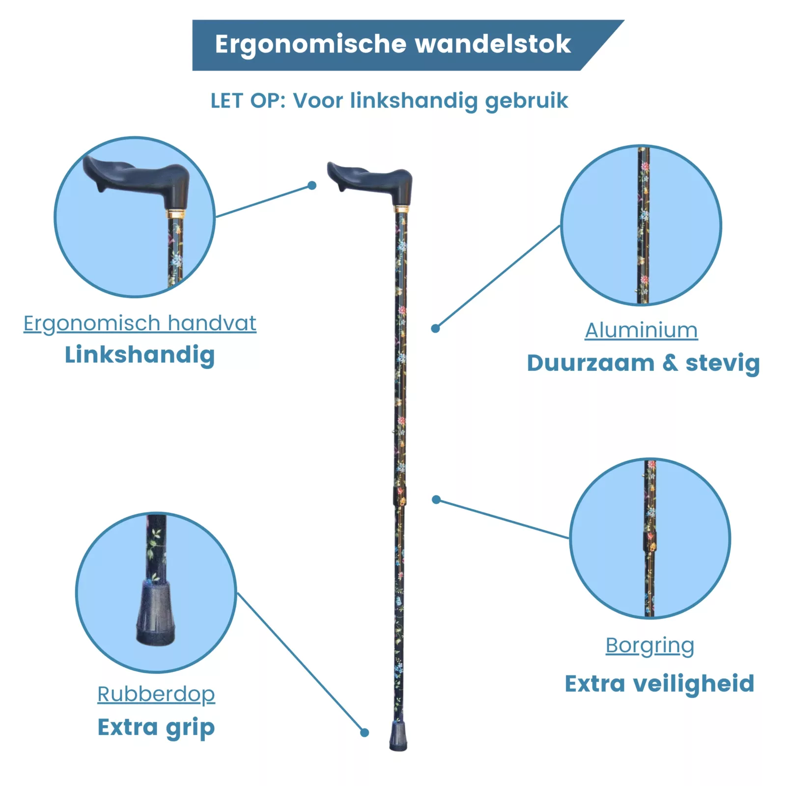 Poignée ergonomique à gauche – caractéristiques du bâton de marche