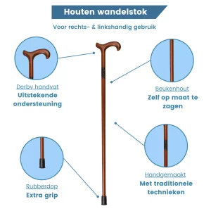 houten wandelstok van beukenhout details