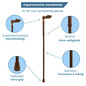 Canne de marche ergonomique pliable, couleur bronze, finition « soft touch », pour droitier