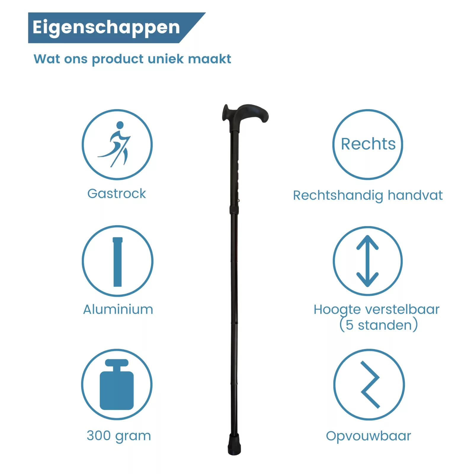 Canne de marche ergonomique pliable noire, poignée « Relax » pour droitier – caractéristiques
