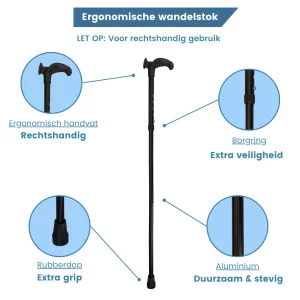 canne de marche ergonomique pliable noire, poignée « Relax » à droite, USP