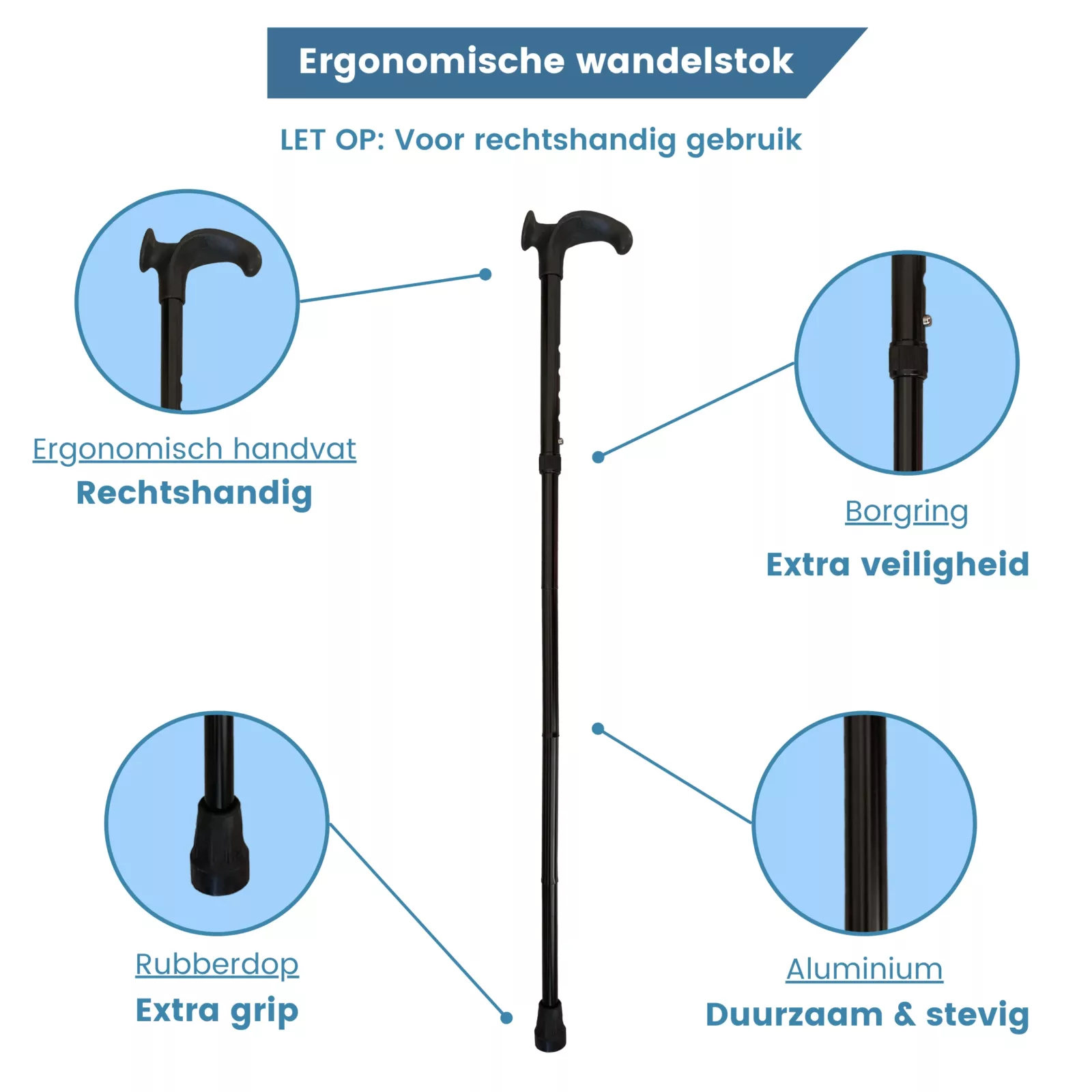 canne de marche ergonomique pliable noire, poignée « Relax » à droite, USP