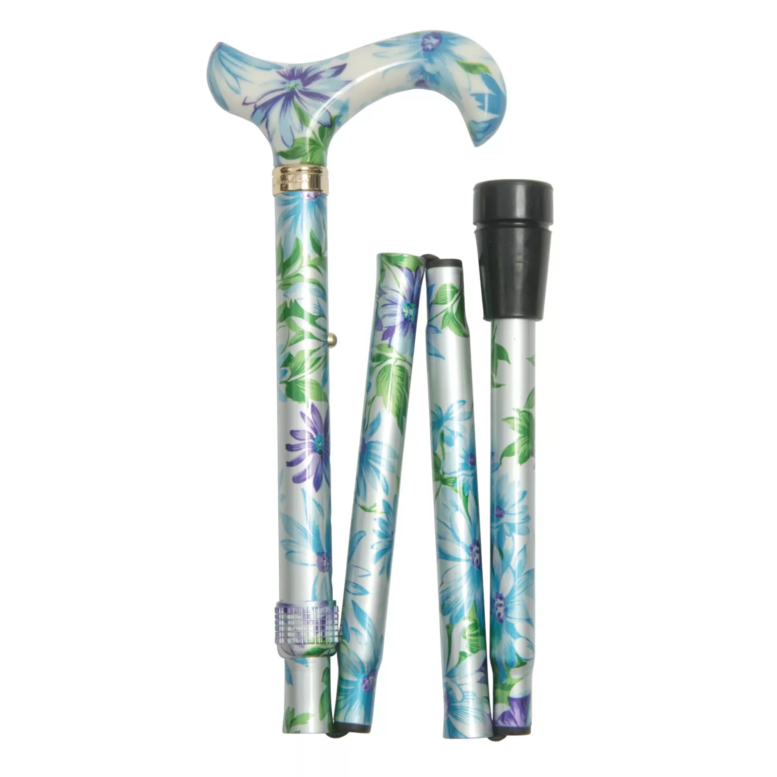 canne de marche pliable bleu-vert à fleurs