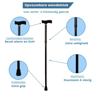 canne de marche pliable avec alarme et lampe USB
