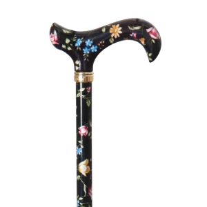 Canne de marche réglable avec motifs floraux, noire