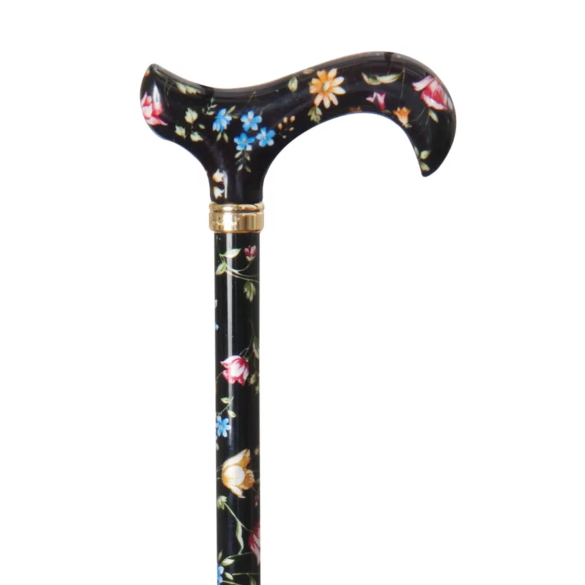 Canne de marche réglable avec motifs floraux, noire