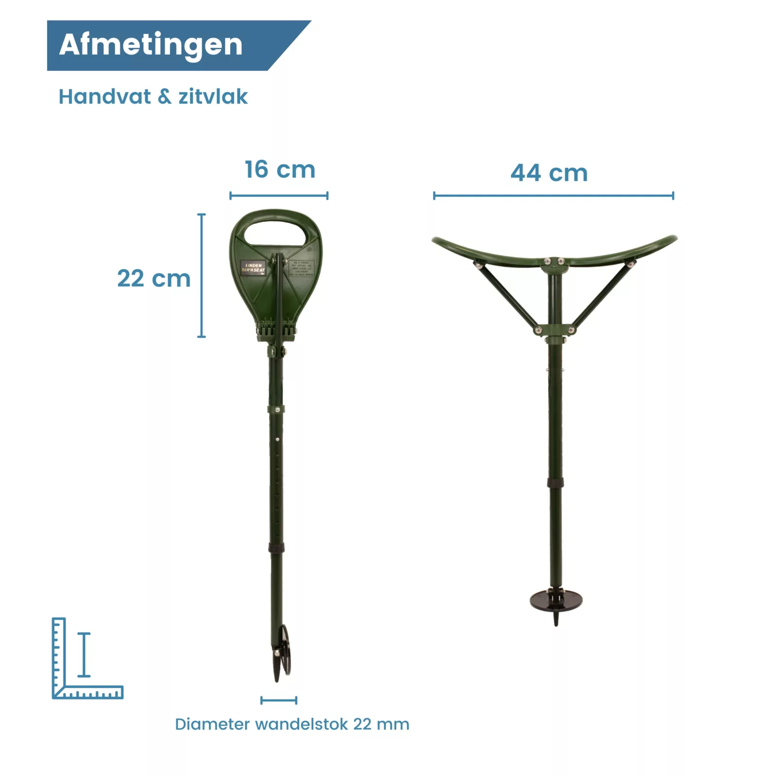 Dimensions de la canne-siège en aluminium, couleur verte