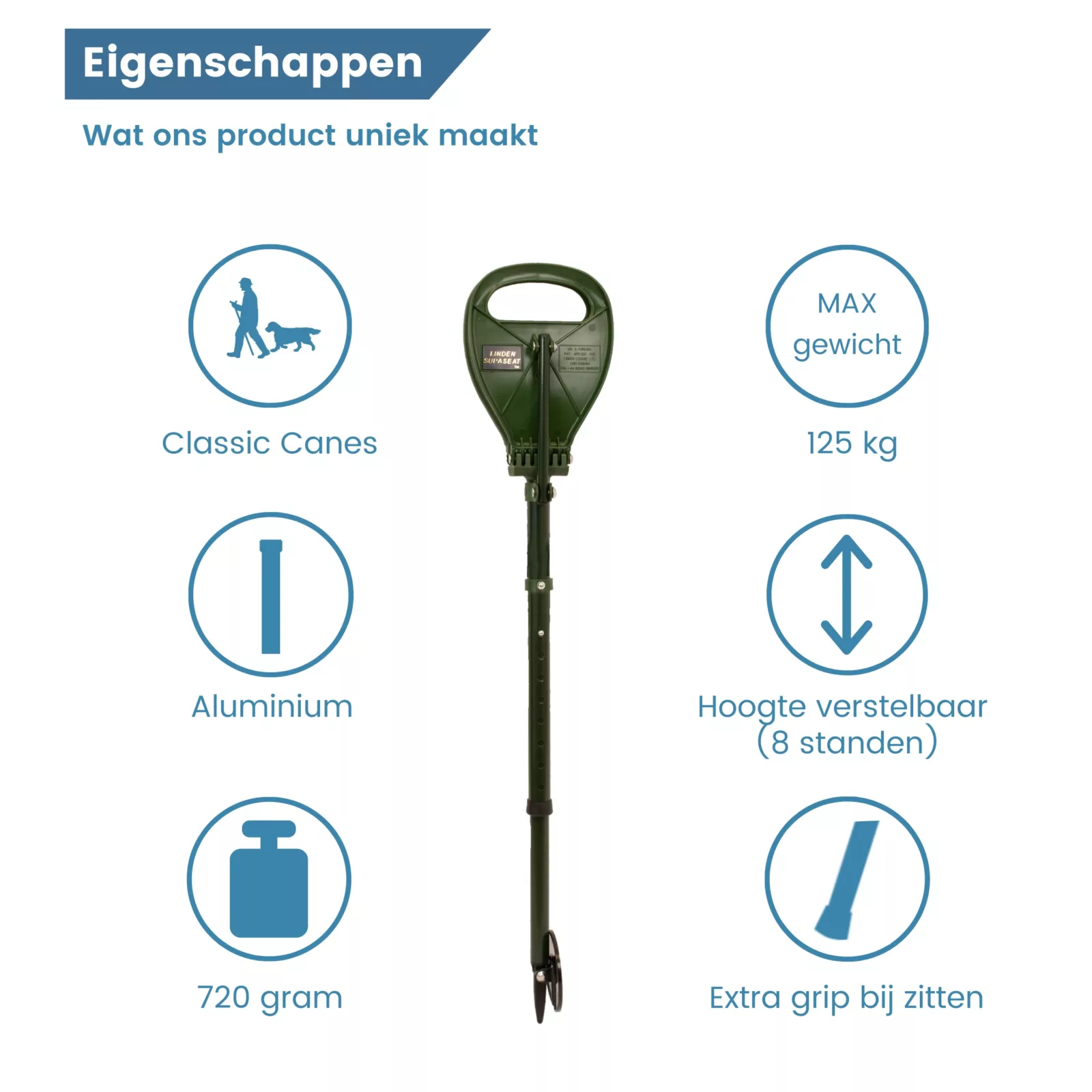 Caractéristiques du bâton de marche Supaseat vert